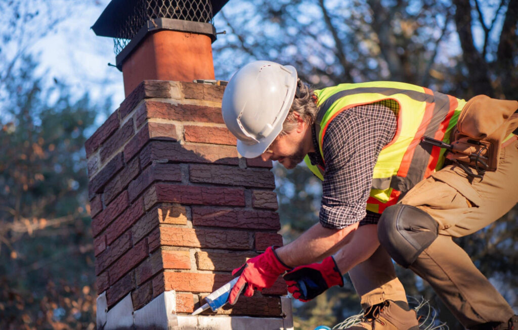 worker fixing the brick chimney